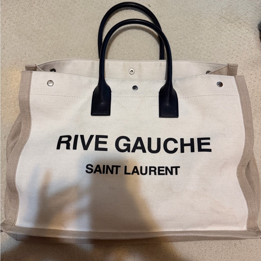Saint Laurent Cream Canvas Tote with Black Logo Accents